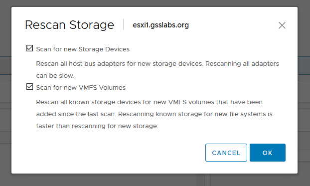 You would be prompted to either Scan for new Storage Device or Scan for new VMFS Volumes