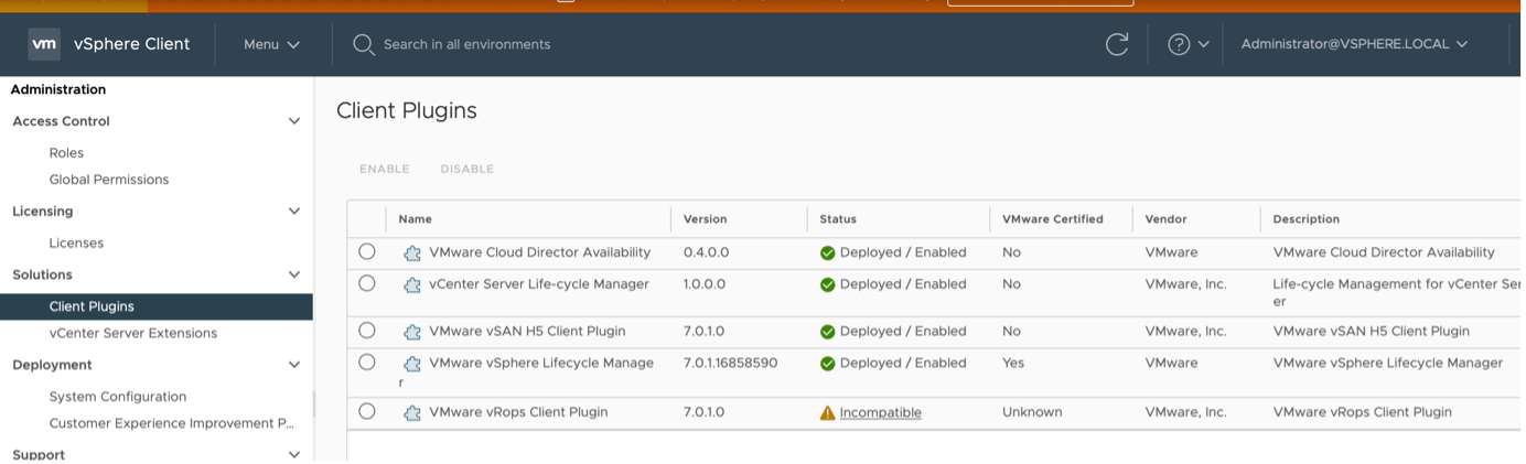 From the h5-client, the VMware vROPS Client plugin can be seen as “incompatible” under Administration > Solutions > client-plugins