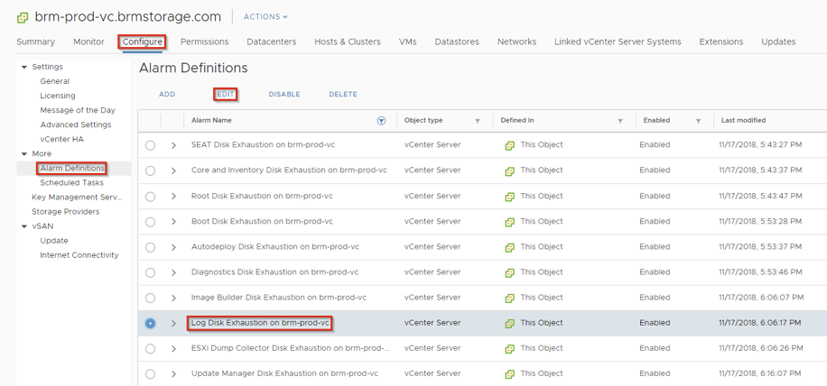 Select the Configure tab > Alarm Definitions, > Log Disk Exhaustion, then the EDIT link to configure what thresholds to alert for.