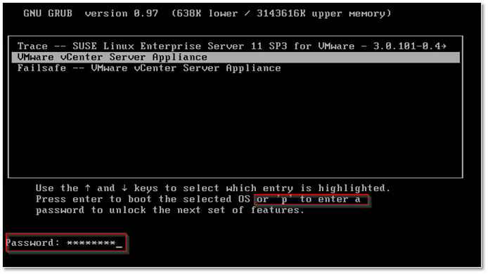 Modifying the GRUB boot loader to start root password reset process