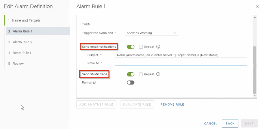 select to Send email notifications and Send SNMP traps as shown: