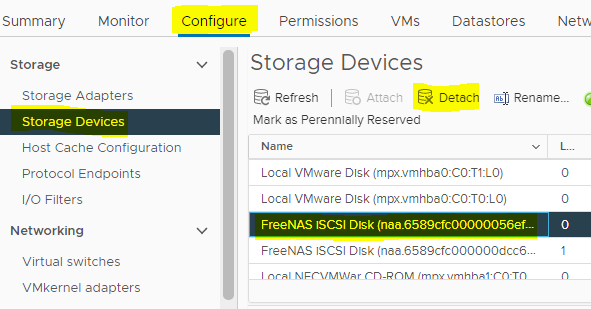 Select a ESXi host and click the Storage view under Configure > Storage Devices