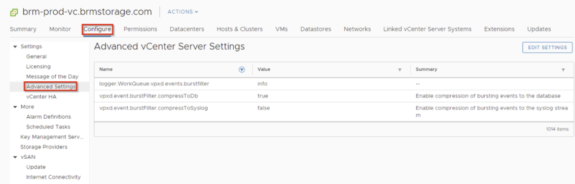 Select the Configure tab, Settings > Advanced Settings, then the EDIT SETTINGS link to do the following: set vpxd.event.burstFilter.compressToSyslog to true