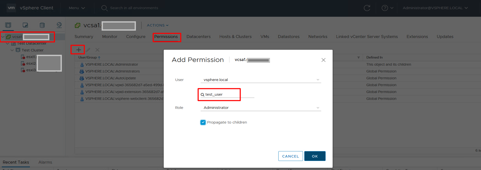 Add user permissions to vCenter Server