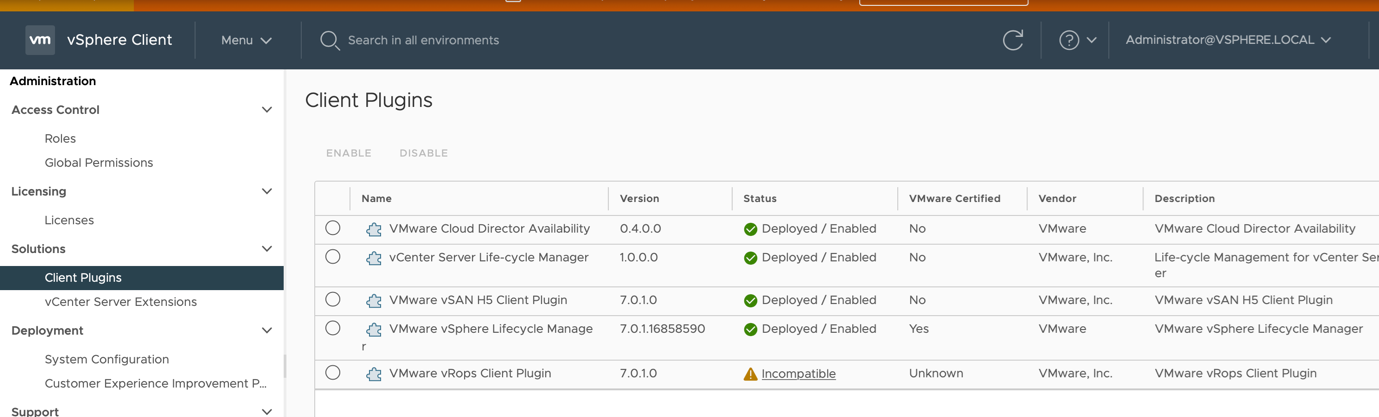 From the h5-client, the VMware vROPS Client plugin can be seen as “incompatible” under Administration > Solutions > client-plugins as shown below