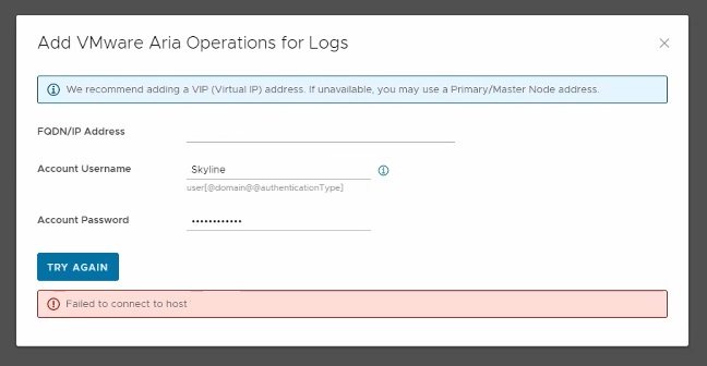 Unable to integrate Aria Operations for Logs - Failed to connect to host