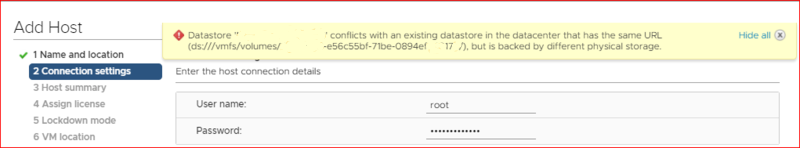 Datastore 'datastorename(XX)' conflicts with an existing datastore in the datacenter that has the same URL (ds://vmfs/volumes/UUID/), but is backed by different physical storage.