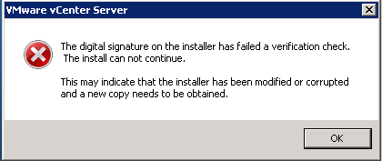 The digital signature on the installer has failed a verification check.