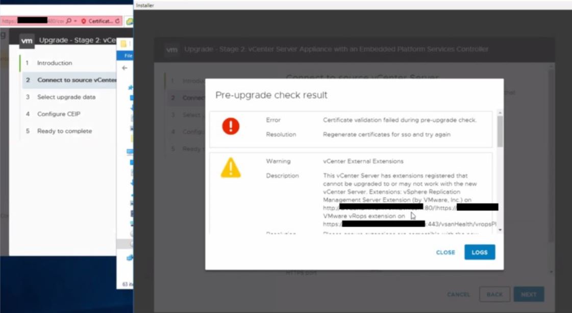Certificate validation failed during pre-upgrade check
