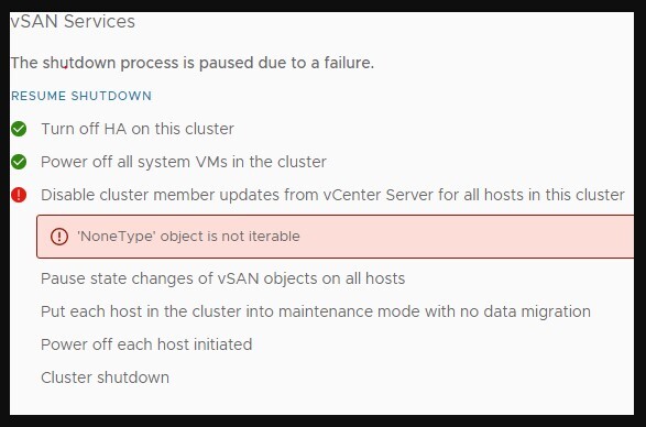 vSAN Cluster Shutdown Wizard Screenshot error