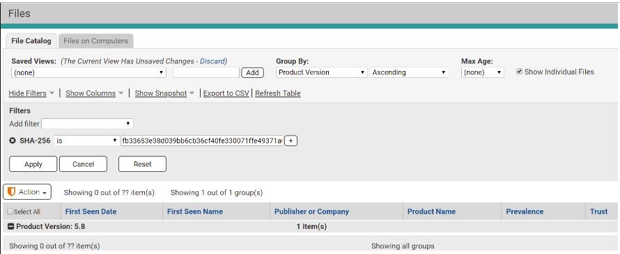 File Catalog Screen, Group-By: Product Version