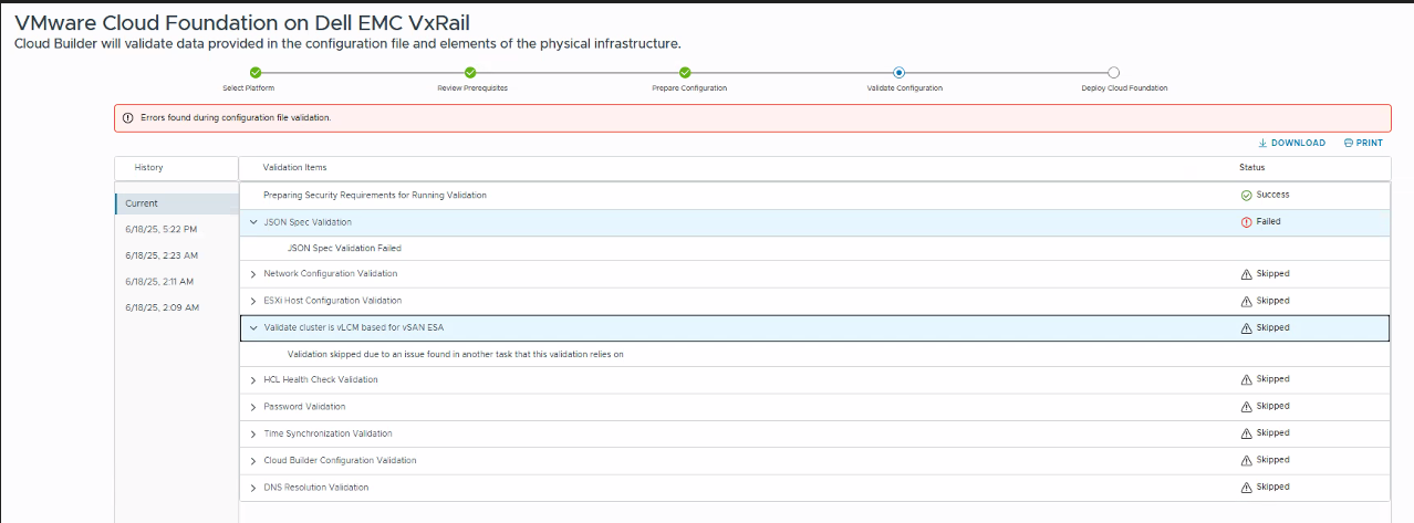 Unable to use Cloud Builder to deploy new sddc cluster. "Fails during  vcf-vxrail-deployment-parameter validation"
